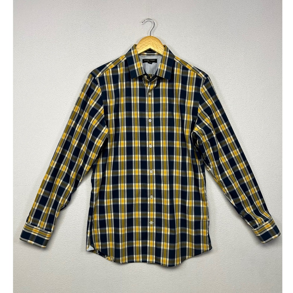 Classic Preppy Banana Republic Mens M Yellow Navy Plaid Grant Fit Non-Iron Shirt